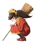  1girl absurdres ashley_(warioware) black_hair broom dress expressionless from_side hairband highres holding holding_broom long_sleeves mano_eglu mary_janes profile red_dress red_eyes red_shoes shoes simple_background skull_brooch solo squatting twintails warioware white_background witch yellow_hairband 