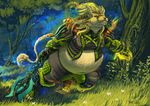  anthro axe azsola blonde_hair charr clothed clothing day detailed_background feline forest grass green_eyes guild_wars hair holding_object holding_weapon male mammal melee_weapon outside overweight tree video_games weapon 