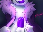  alkipunch anthro balls cinnia clothed clothing erection fangs glowing glowing_penis grey_background humanoid_penis male not_furry open_mouth penis precum simple_background solo teeth tongue tongue_out 