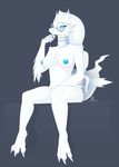  2017 anthro anthrofied areola black_sclera blue_eyes blue_nipples breasts claws dragon drakeraynier english_text eyewear female fur furred_dragon glasses grey_background hair hi_res legendary_pok&eacute;mon looking_at_viewer navel nintendo nipples nude pok&eacute;mon pok&eacute;morph reshiram signature simple_background sitting solo text toe_claws tuft video_games white_claws white_fur white_hair 
