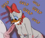  anthro avian balls bird bow breasts cum cum_in_mouth cum_inside daisy_duck disney duck feathers female inusen male male/female nipples oral penis simple_background white_feathers 