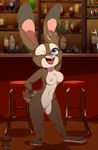 2017 anthro armpits bar blue_eyes breasts buckteeth disney fan_character female fur hand_on_hip inside lagomorph mammal multicolored_fur nipples nude one_eye_closed open_mouth open_smile pussy rabbit raised_arm smile solo standing stool teeth tongue two_tone_fur wink xnirox zootopia 