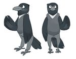  avian bird clothing corvid dosent feathers feral male monochrome raven semi-anthro simple_background solo standing vest white_background 