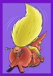  2016 ambiguous/ambiguous ambiguous_gender anal_vore anus belly big_belly black_sclera blonde_hair blue_eyes butt charmander digestion duo eeveelution feral flareon fur hair lying nintendo pok&eacute;mon purple_background purple_border raised_tail rear_view red_fur red_scales scales simple_background size_difference smile tuft video_games vore yellow_fur ziravore 