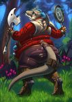  anthro axe azsola blue_eyes clothing day detailed_background digitigrade dragon forest grass grey_scales holding_object holding_weapon horn male melee_weapon outside overweight scales solo standing teeth torn_clothing tree weapon 