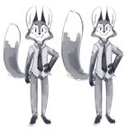  anthro canine clothing dosent fox male mammal model_sheet monochrome necktie pants shirt simple_background solo standing t-shirt 