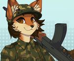  ak-47 anthro assault_rifle black_nose brown_eyes brown_hair canine clothed clothing female fox fur gun hair holding_object holding_weapon mammal orange_fur ranged_weapon redcreator rifle simple_background smile solo weapon 
