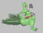  2016 anthro anthrofied belly big_belly big_butt breasts butt claws dialogue digestion featureless_breasts female green_claws grey_background grey_scales hand_on_butt hand_on_stomach nintendo nude pok&eacute;mon pok&eacute;morph red_scales scales sceptile simple_background sitting smile solo toe_claws video_games yellow_sclera ziravore 