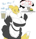  2017 angry anthro big_breasts black_sclera blue_eyes breasts canine clothed clothing cup digimon dipstick_tail english_text female fox fur huge_breasts mammal markings multicolored_tail one_eye_closed purple_markings renamon sharp_teeth solo teeth text thought_bubble tray tuft waiter white_fur wink xehta13 yellow_fur 