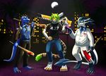  3_toes 4_toes anthro azsola blood blue_scales clothed clothing digitigrade dragon feline green_hair hair holdind_weapon horn mammal moon scales sky smile spines star starry_sky tiger toes 