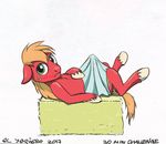  2017 big_macintosh_(mlp) blonde_hair blush cutie_mark earth_pony el-yeguero english_text equine erection feral friendship_is_magic fur green_eyes hair hay hay_bale horse looking_at_viewer lying male mammal my_little_pony on_back pony red_fur simple_background solo text white_background 