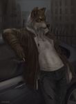  2017 5_fingers abs anthro blue_eyes brown_fur canine car chunie cigarette clothed clothing detailed_background digital_media_(artwork) fur hale hi_res jacket jeans leaning leaning_back male mammal open_jacket outside pants smoke smoking solo undershirt vehicle white_fur wolf 