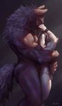  anthro better_version_at_source canine dark_theme duo fluffy fur hanukami hug larger_male male male/male mammal manly muscular muscular_male nude romantic_couple signature simple_background size_difference smaller_male snout wolf 