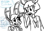  2016 animatronic anthro bow_tie buckteeth dialogue duo english_text eyelashes five_nights_at_freddy&#039;s five_nights_at_freddy&#039;s_2 inkyfrog lagomorph long_eyelashes machine male mammal rabbit restricted_palette robot scarf simple_background teeth text toy_bonnie_(fnaf) video_games white_background 