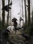  armor avian beak bird black_beak black_feathers corvid crow day detailed_background equine feathered_wings feathers feral forest fur hair hooves horse mammal outside safiru sitting the_witcher tree white_fur white_hair wings 