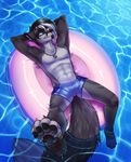  4_toes anthro armpits black_hair black_nose blue_eyes canine clothed clothing day fluffy fluffy_tail fur grey_fur hair hand_behind_head heterochromia imanika lying male mammal muscular muscular_male navel on_back outside pawpads smile solo swimsuit toes topless water wolf yellow_eyes 