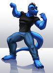  3_toes 5_fingers anthro azsola barefoot biceps blue_scales claws clothed clothing digitigrade dragon eyewear flexing male muscular muscular_male scales simple_background solo spines standing sunglasses toes white_background 