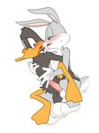  2017 anthro avian balls bird blush buckteeth bugs_bunny chest_tuft clothing daffy_duck duck erection fur gloves grabbing_from_behind green_eyes hair half-closed_eyes interspecies lagomorph leg_grab looney_tunes male male/male mammal multicolored_fur open_mouth penis rabbit simple_background spreading sweat tapering_penis tears teeth torso_grab tuft two_tone_fur warner_brothers whiskers white_background zehn 