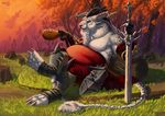  2016 4_toes 5_fingers anthro armpits azsola black_hair charr digitigrade feline food fur grass guild_wars hair holding_object holding_weapon horn male mammal melee_weapon overweight sitting solo sword toes video_games weapon white_fur 
