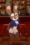  2017 anthro bar blue_ears breasts buckteeth cleavage clothed clothing disney fan_character female fur hand_on_hip inside lagomorph mammal midriff multicolored_fur nipple_bulge one_eye_closed open_mouth open_smile rabbit raised_arm shirt shorts smile solo standing stool teeth tongue torn_clothing two_tone_fur wink xnirox zootopia 
