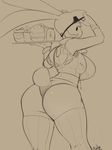  anthro armpits butt clothed clothing female lagomorph looking_back mammal monochrome nite rabbit sketch smile solo standing thick_thighs waiter 