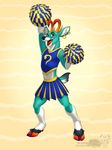  anthro armpits cervine cheerleader_outfit clothed clothing crossdressing deer ear_piercing girly horn male mammal open_mouth piercing smile solo vallhund 