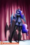  2017 anthro anthrofied blue_feathers blush clothed clothing cutie_mark d-lowell equine feathered_wings feathers female friendship_is_magic hair horn legwear long_hair mammal my_little_pony navel patreon princess_luna_(mlp) solo standing thigh_highs underwear winged_unicorn wings 