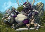  anthro azsola blue_eyes brown_eyes charr clothed clothing day detailed_background digitigrade feline female fur grass group guild_wars male mammal outside overweight rock rodent sitting skritt sky smile video_games white_fur 