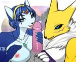  2017 absurd_res amur anthro blue_eyes blue_fur blue_hair breasts canine crossover digimon erection female fox fur group group_sex hair hi_res jewelry krystal licking male male/female mammal necklace nintendo oral penis renamon sex star_fox threesome tongue tongue_out video_games yellow_fur 