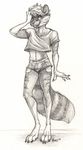  anthro kappy looking_at_viewer male mammal monochrome raccoon sketch smile solo standing traditional_media_(artwork) 