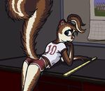  2017 anthro brown_fur calendar cattivino clothing female fur green_eyes looking_back mammal ponytail rodent ruler shorts squirrel suggestive_pose young 