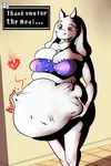  &lt;3 anthro belly big_belly big_breasts boss_monster breasts cleavage clothed clothing drewcake-da female hand_on_stomach monster navel open_mouth post_vore red_eyes simple_background toriel undertale video_games vore 