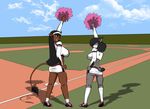  2017 anthro baseball_field black_hair blue_eyes bovine breasts brown_eyes buffalo butt cheerleader clothed clothing dipstick_ears dipstick_tail duo feline female footwear hair hand_on_hip legwear long_hair looking_back lynx mammal midriff morningstar_(mojorover) multicolored_tail open_mouth open_smile outside panties pom_poms raised_arm rear_view sailoranna shoes skimpy smile socks standing tail_tuft texas_tilly tuft underwear 