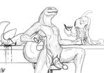  2016 alcohol anthro armpits bar beverage cetacean dolphin duo erection humanoid_penis looking_at_viewer male mammal marine monochrome monster nude open_mouth penis phinja sitting sketch smile teeth 