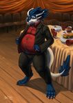  2016 4_toes 5_fingers anthro azsola barefoot blue_eyes blue_scales clothed clothing detailed_background digitigrade dragon horn male overweight scales solo standing toes 