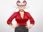  2017 anthro anthrofied big_breasts bra bracelet breasts cleavage clothed clothing eyewear feline female frown glasses jewelry looking_at_viewer mammal nintendo persian pok&eacute;mon pok&eacute;morph red_eyes shirt silentsound simple_background skirt solo tattoo underwear video_games whiskers white_background 