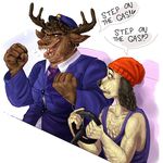  anthro antlers beanie black_eyes black_nose brown_fur canine car_seat cervine clothing dog english_text female fist floppy_ears fur hat horn male mammal moose mooselini necktie neighbour-art open_mouth parappa parappa_the_rapper saliva steering_wheel tan_fur text tongue video_games 