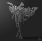  2016 antennae anthro armpits arthropod breasts female grey_background insect looking_at_viewer mantis membranous_wings monochrome nude phinja pose simple_background solo standing wings 