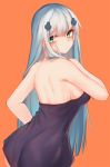  back backless_dress backless_outfit bangs bare_arms bare_shoulders blush closed_mouth commentary dress eyebrows_visible_through_hair girls_frontline green_eyes hair_ornament hk416_(girls_frontline) inniyik long_hair looking_at_viewer looking_back orange_background purple_dress shoulder_blades silver_hair simple_background solo strapless strapless_dress very_long_hair 