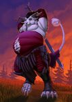  4_toes anthro armpits azsola blue_eyes charr clothed clothing day detailed_background digitigrade feline fur grass guild_wars holding_object holding_weapon horn male mammal melee_weapon navel outside overweight sky sword toes torn_clothing video_games weapon white_fur 