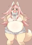  2017 5_fingers anthro backwards_virgin_killer_sweater belly big_belly blush breasts brown_background canine embarrassed featureless_breasts female fox front_view fur gloves_(marking) green_eyes hair long_hair looking_at_viewer mammal markings open_mouth overweight overweight_female pink_hair shinobe simple_background solo standing tan_fur thick_thighs virgin_killer_sweater 