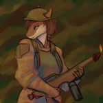  2017 alien_(franchise) anthro armor brown_eyes brown_hair brown_skin camo clothed clothing countershading female fire fish flamethrower furgonomics hair half-closed_eyes helmet marine melissa_ratchowski military ranged_weapon ruderubicante shark short_hair solo weapon 