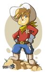  anthro bear clothed clothing cosplay cowboy cowboy_hat cub cute disney female fur gummi_bears gun hair handgun hat kappadoggo looking_at_viewer mammal ranged_weapon sheriff simple_background smile standing sunni_gummi weapon yellow_fur young 