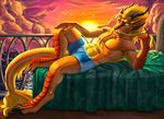  abs anthro armpits azsola bed biceps blonde_hair clothed clothing day detailed_background digitigrade dragon eastern_dragon hair horn lying male multicolored_scales muscular muscular_male navel on_back on_bed orange_scales pecs scales sky smile solo sun swimming_trunks swimsuit topless yellow_scales 