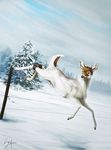  cervine day deer detailed_background fence feral fur hooves mammal outside safiru sky snow solo tree white_fur 