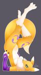  2017 anthro armwear black_sclera blue_eyes breasts bridal_gauntlets canine claws clothing digimon dipstick_tail drakeraynier english_text featureless_breasts featureless_crotch female fox fur grey_background hi_res mammal markings mostly_nude multicolored_tail purple_markings renamon signature simple_background solo text tuft upside_down white_fur yellow_fur 