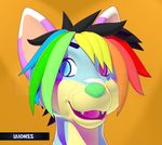  3d_(artwork) anthro canine digital_media_(artwork) dog hair headshot heterochromia laionss male mammal multicolored_hair rainbow_hair simple_background slushie-nyappy-paws smile solo teeth tongue 