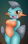 2017 anthro anthrofied blue_skin breasts brown_eyes featureless_breasts featureless_crotch female fin marshtomp navel nintendo nude one_eye_closed open_mouth pok&eacute;mon pok&eacute;morph red_skin simple_background smile solo tongue video_games wide_hips wink zinzoa 