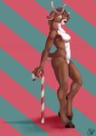  anthro antlers armpits breasts candy candy_cane cervine christmas female food fur hair holidays hooves horn looking_at_viewer mammal nude phinja reindeer simple_background smile solo 