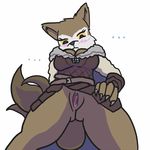  ... anthro armello armor blush bottomless breasts canine cleavage clothed clothing female looking_at_viewer looking_down low-angle_view mammal presenting presenting_pussy pussy river_(armello) solo unknown_artist wolf worm&#039;s-eye_view yellow_sclera 
